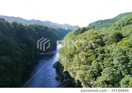 Nikko city, Kinu river from Kinu iwa rock large suspension bridge Nikko city, Kinu river from Kinu iwa rock large suspension bridge 34189666