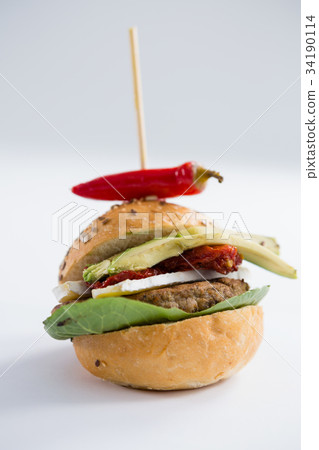 Overhead view of salad with burger and french fries 34190114