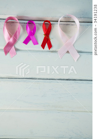 High angle view of red AIDS awareness ribbon by gerbera flowers 34191238