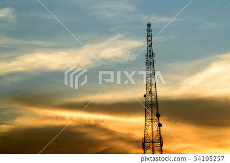 silhouette Telecommunication tower on sky backgrou silhouette Telecommunication tower on sky backgrou 34195257