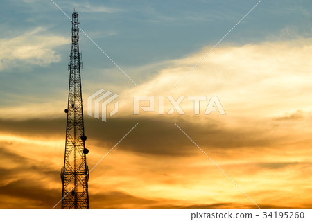 silhouette Telecommunication tower on sky backgrou silhouette Telecommunication tower on sky backgrou 34195260