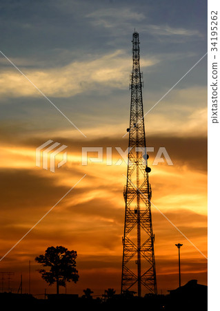 silhouette Telecommunication tower on sky backgrou silhouette Telecommunication tower on sky backgrou 34195262