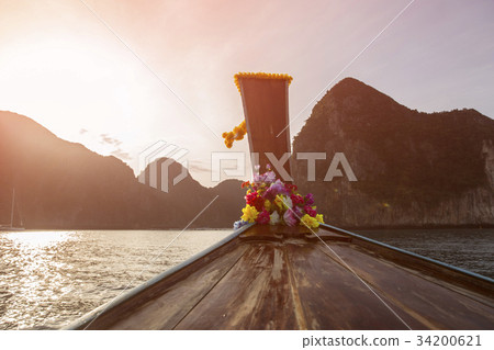 Sea view with traditional longtail boats 34200621