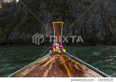 Sea view with traditional longtail boats 34200626