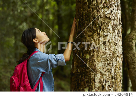 a young woman is touching the tree in the forest. 34204814