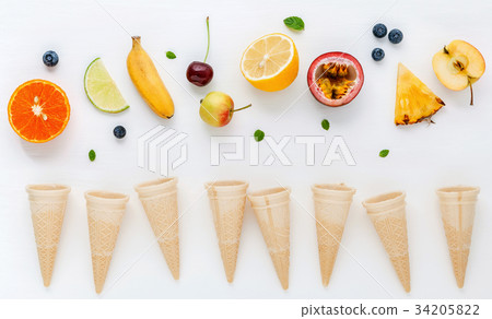 Flat lay various fresh fruits . 34205822