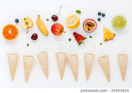 Flat lay various fresh fruits . Flat lay various fresh fruits . 34205824