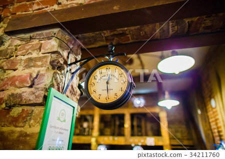 The upside view of the vintage clock hanging on The upside view of the vintage clock hanging on 34211760