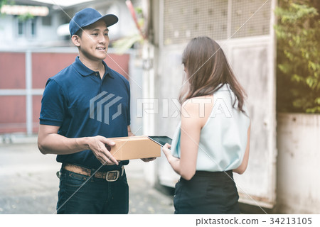 Delivery man with his customer Delivery man with his customer 34213105