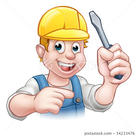 Cartoon Electrician Holding Screwdriver Cartoon Electrician Holding Screwdriver 34213476