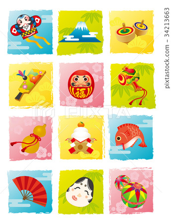 新年的小插圖與背景[12垂直對齊] 34213663