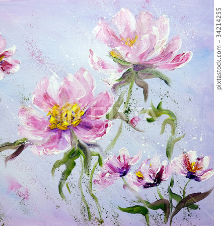 Hand painted modern style Pink peonies flowers. Hand painted modern style Pink peonies flowers. 34214255