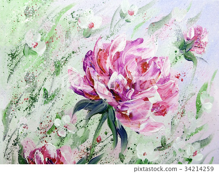 Hand painted modern style Pink peonies flowers. Hand painted modern style Pink peonies flowers. 34214259