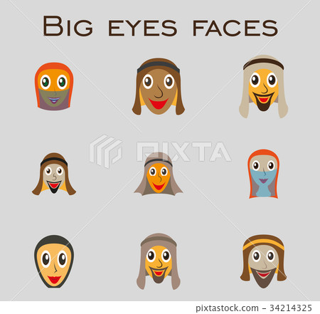 Set of icons of Arabs with big eyes . flat faces Set of icons of Arabs with big eyes . flat faces 34214325