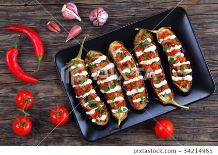 baked Eggplants Stuffed with Quinoa, top view 34214965