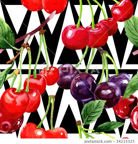 Cherry wild fruit pattern in a watercolor style. Cherry wild fruit pattern in a watercolor style. 34215325