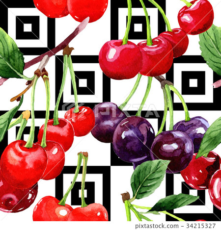 Cherry wild fruit pattern in a watercolor style. Cherry wild fruit pattern in a watercolor style. 34215327