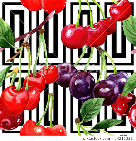 Cherry wild fruit pattern in a watercolor style. Cherry wild fruit pattern in a watercolor style. 34215328