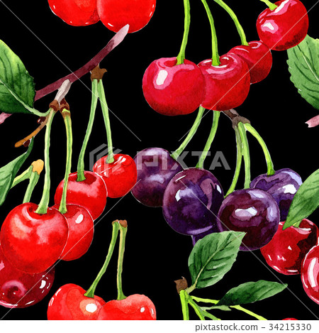 Cherry wild fruit pattern in a watercolor style. Cherry wild fruit pattern in a watercolor style. 34215330