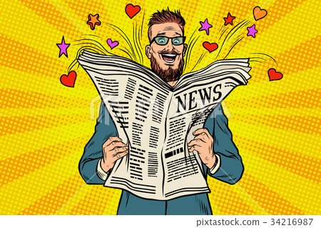happy hipster reads the newspaper news 34216987