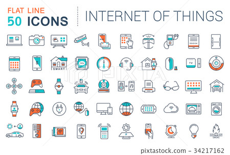 Set Vector Flat Line Icons Internet of Things - Stock Illustration ...