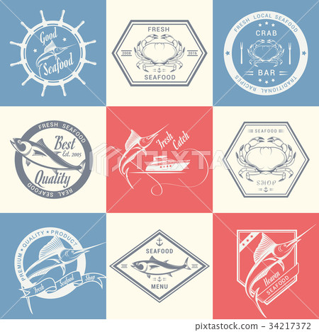 Vector Set of Seafood Labels and Signs 34217372