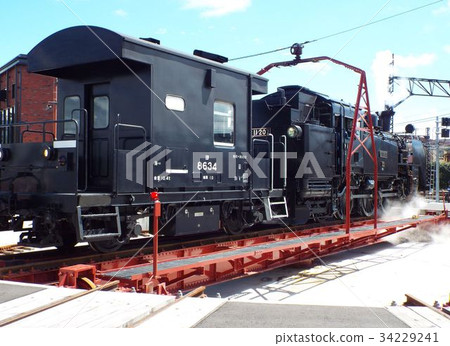 Steam locomotive turns around at a rolling stock Steam locomotive turns around at a rolling stock 34229241