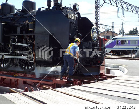 Steam locomotive turns around at a rolling stock Steam locomotive turns around at a rolling stock 34229242