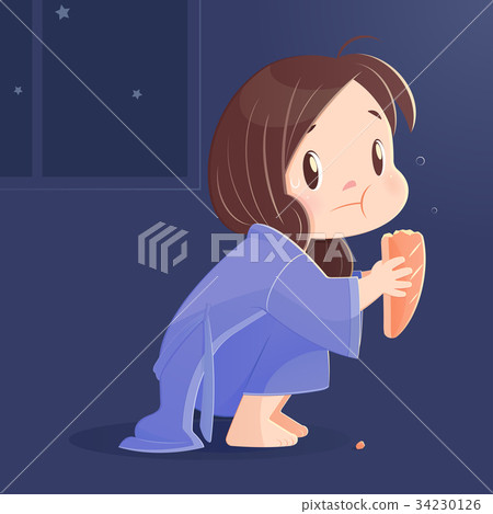 Cartoon girl eating bread at night. Cartoon girl eating bread at night. 34230126