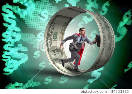 Businessman in hamster wheel chasing dollars Businessman in hamster wheel chasing dollars 34233385