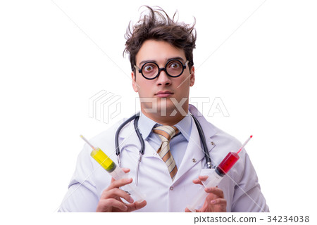 Funny doctor with syringe isolated on white 34234038