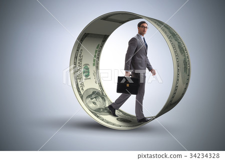 Businessman in hamster wheel chasing dollars Businessman in hamster wheel chasing dollars 34234328
