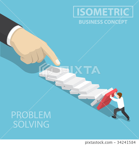 Businessman trying to stop falling domino. 34241584