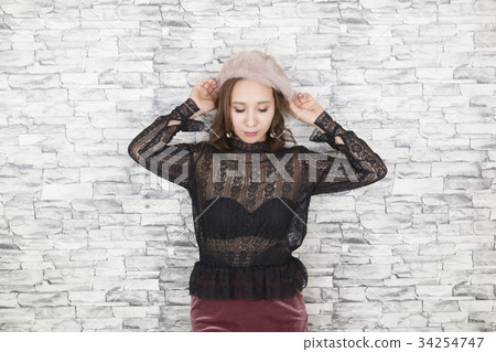 Fashion portrait autumn clothes lace see-through blouse and show bra 34254747