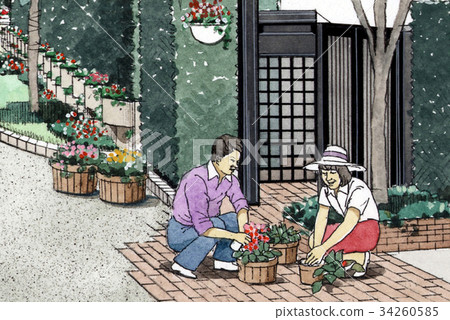 一對夫婦誰照顧花Machi-mi Townscape圖像家庭婦女園藝 34260585