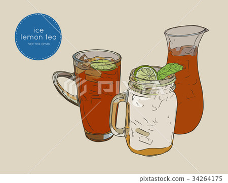 set of iced lemon mint tea , sketch vector. set of iced lemon mint tea , sketch vector. 34264175