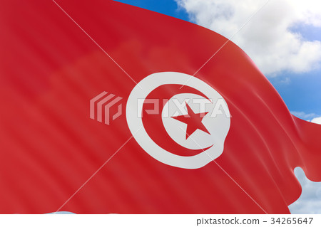 3D rendering of Tunisia flag waving on blue sky 3D rendering of Tunisia flag waving on blue sky 34265647
