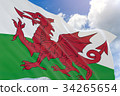 3D rendering of Wales flag waving on blue sky 34265654