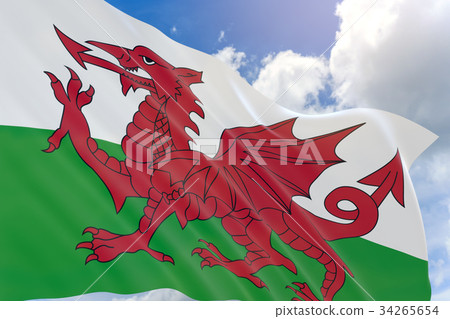 3D rendering of Wales flag waving on blue sky 3D rendering of Wales flag waving on blue sky 34265654