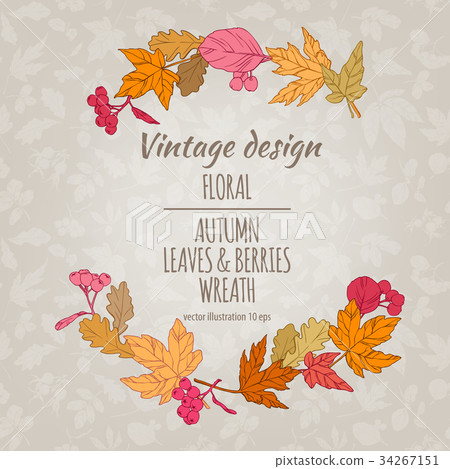 Wreath of autumn leaves and berries. Wreath of autumn leaves and berries. 34267151