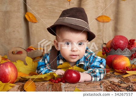 autumn season, child boy lie on yellow fall leaves 34267557
