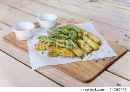 Vegetable Fried Tempura on wood block, Vegetable Fried Tempura on wood block, 34269063