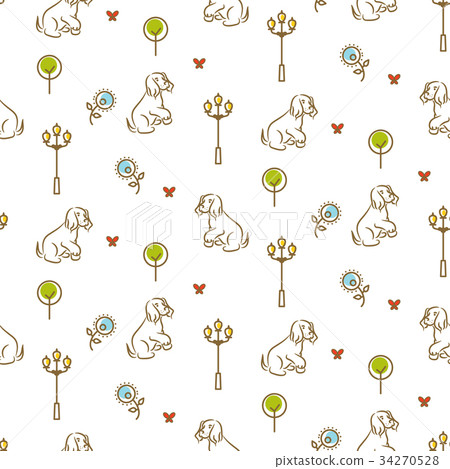 Cute dog on a promenade seamless vector pattern. 34270528