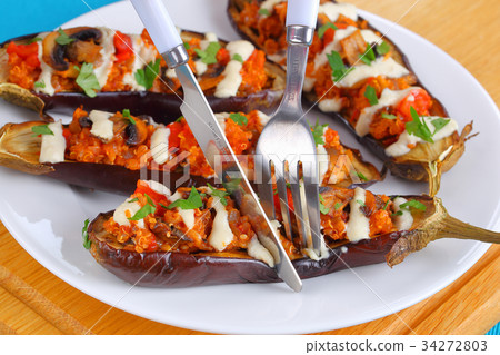 baked Eggplants Stuffed with Quinoa, top view 34272803