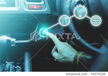 finger pressing the start/stop engine button 34274206