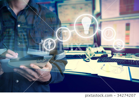 Double exposure of Engineer or Technician man  34274207