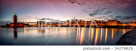 Stockholm sunset skyline panorama with City Hall 34274629