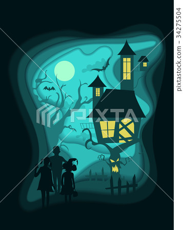Halloween night background with children, haunted Halloween night background with children, haunted 34275504