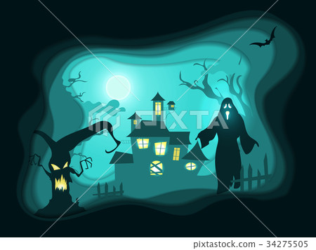 Halloween night poster background with haunted 34275505