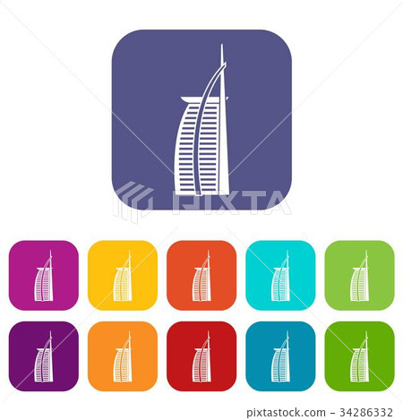 Hotel Burj Al Arab in United Arab Emirates icons set 34286332